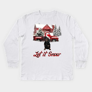 Black Dachshund Let It Snow Tree Farm Red Truck Christmas Kids Long Sleeve T-Shirt